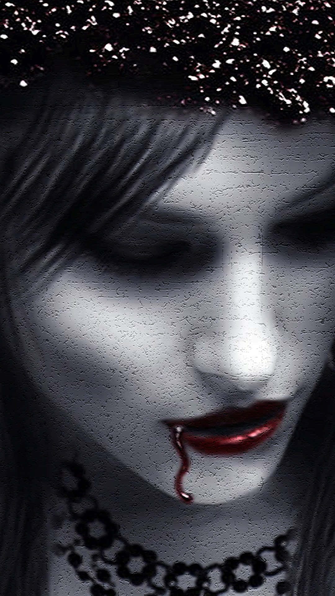 Dark Vampire 桌布 壁紙 — 一個蒼白的女人閉著眼睛，塗著紅色唇膏，血從她的嘴裡滴落，背景是深色閃亮的。