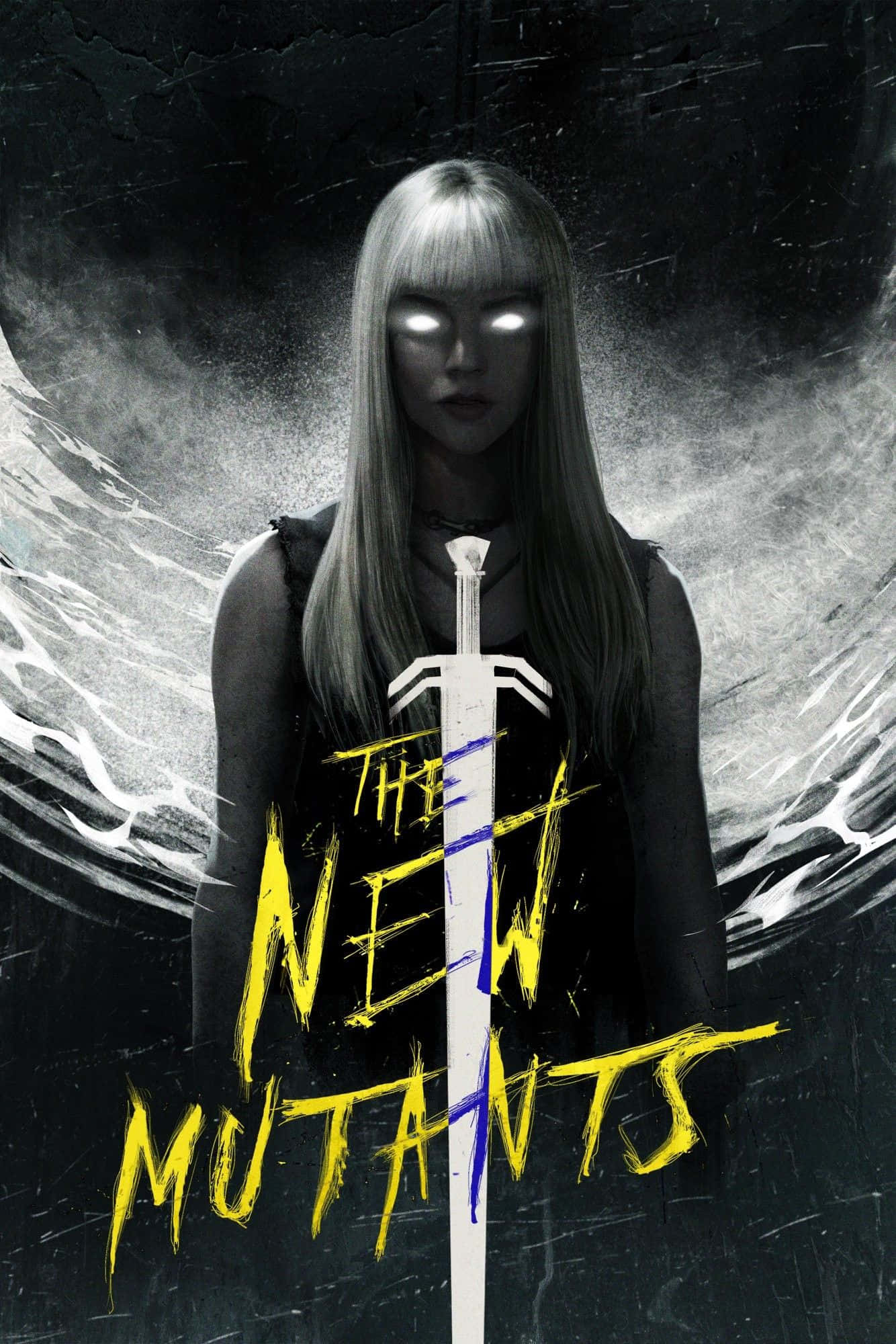 New Mutants 桌布 壁紙 — 一個蒼白的女孩，眼睛發光，在旋轉的黑暗背景中手持劍，並有粗體黃色標題文字。