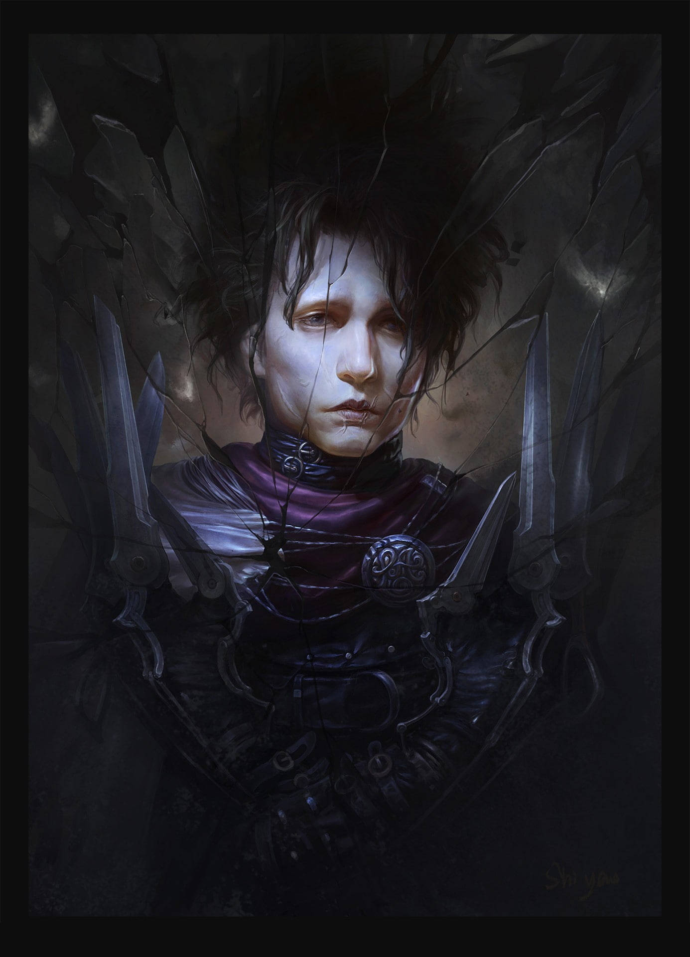 Edward Scissorhands 桌布 壁紙 — 一個蒼白的年輕人，擁有黑色翅膀和華麗盔甲，透過破碎玻璃觀看的黑暗奇幻肖像。