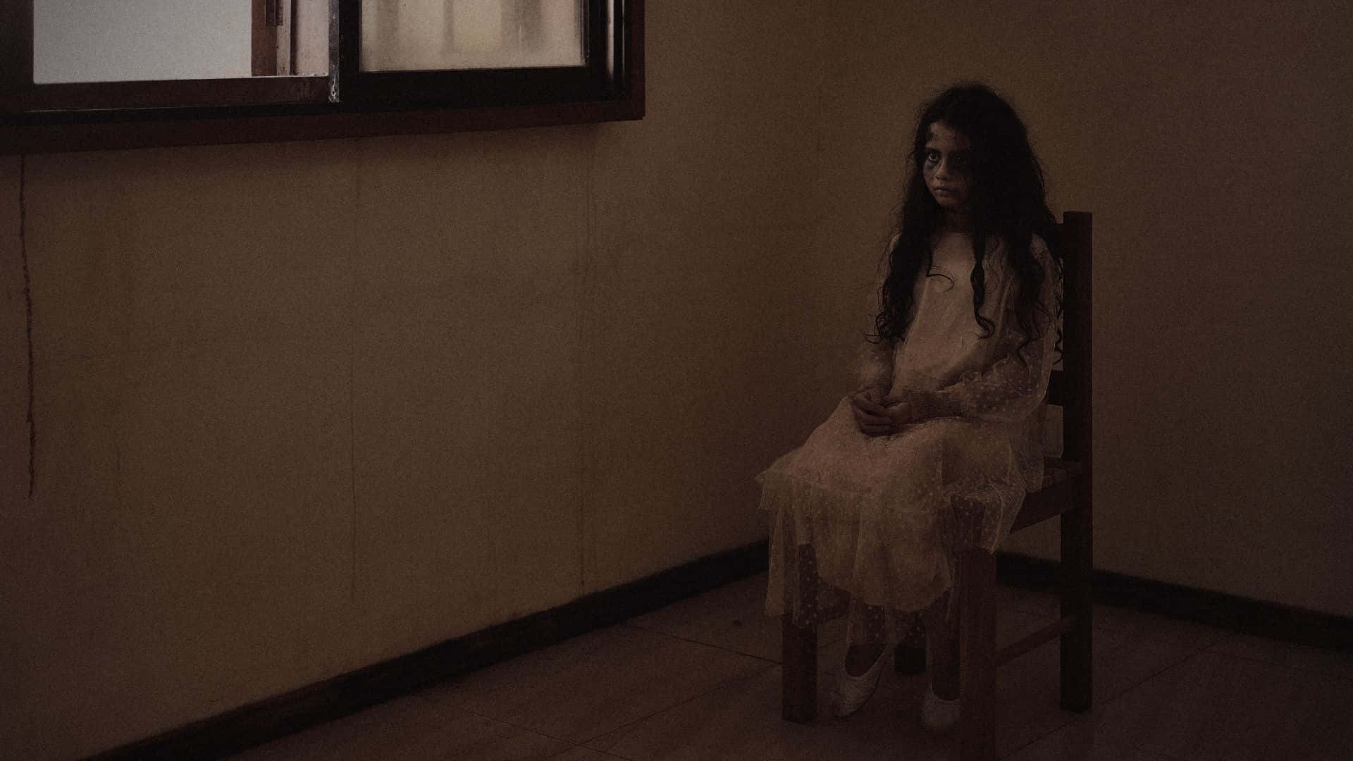 Horror Costumes 桌布 壁紙 — 一個蒼白的幽靈女孩穿著破爛的裙子，獨自坐在一個光線昏暗的空房間的木椅上，房間裡有一扇窗戶。