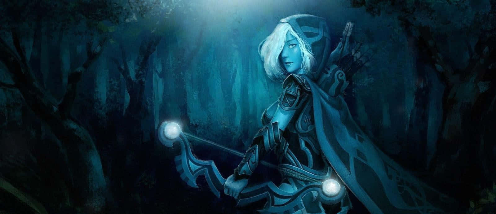 Drow Ranger 桌布 壁紙 — 一個蒼白的精靈弓箭手，手持發光的箭矢，站在月光照耀的森林中，沐浴在詭異的藍光下。