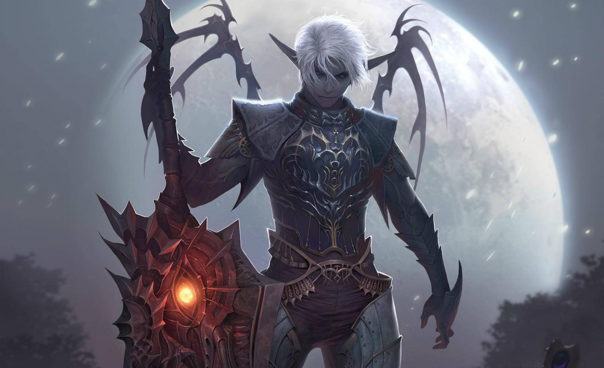 game 桌布 壁紙 — 一個蒼白的精靈戰士，白髮黑翼，站在發光的月亮前，手持帶有火核的尖刺武器。