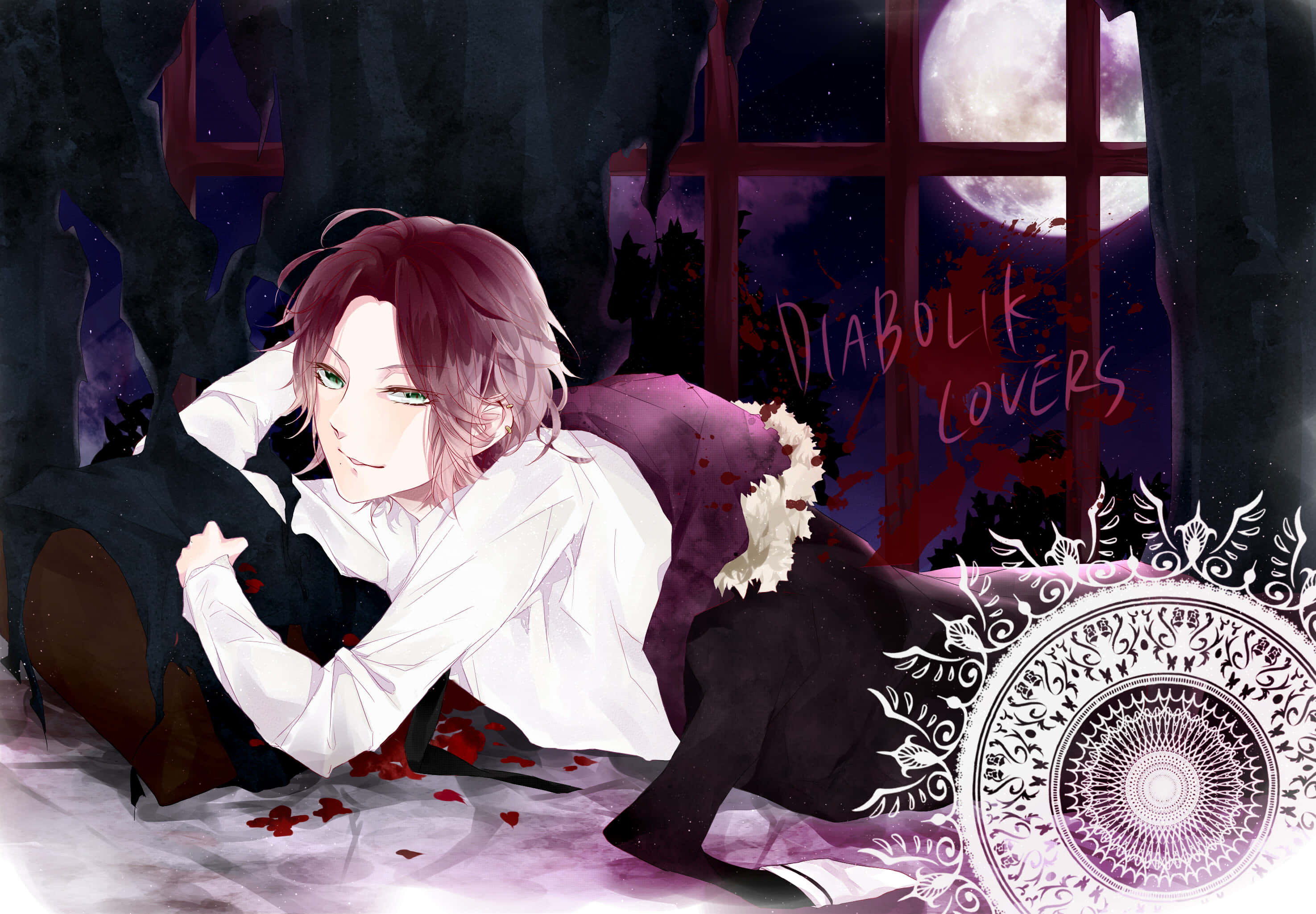 Diabolik Lovers 桌布 壁紙 — 一個蒼白的紅髮動漫男孩躺在滿月下沾滿血的床上，周圍是哥德式裝飾和標題 Diabolik Lovers。