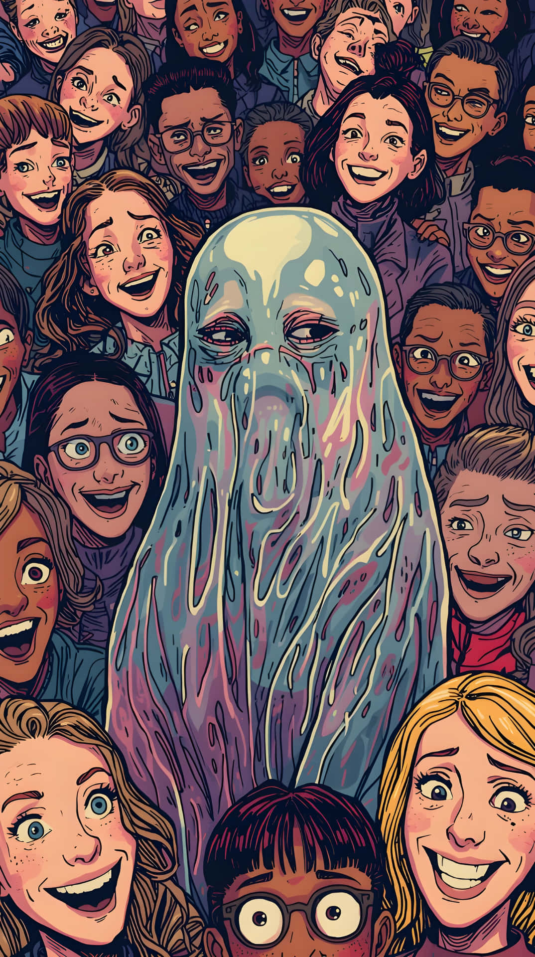 Melting Ghost Surrounded by Happy People 壁紙 — 一個蒼白的藍色鬼魂帶著哭泣的眼睛，被一群微笑的多樣化人群包圍，以充滿活力的漫畫風格呈現。