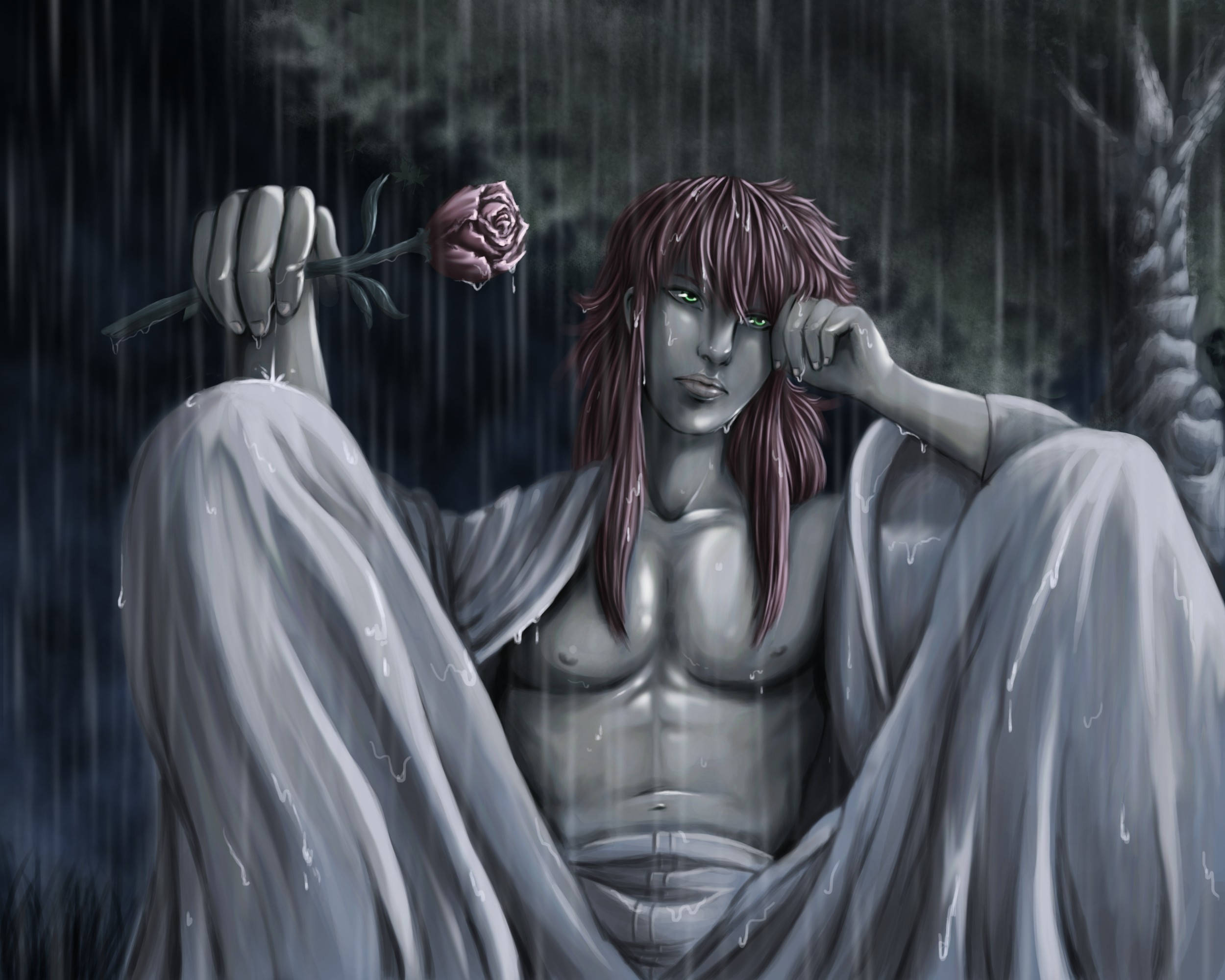 Kurama 桌布 壁紙 — 一個蒼白的身影，長長紅髮，坐在雨中，手持一朵玫瑰，披著濕透的白布，背景是黑暗的森林。