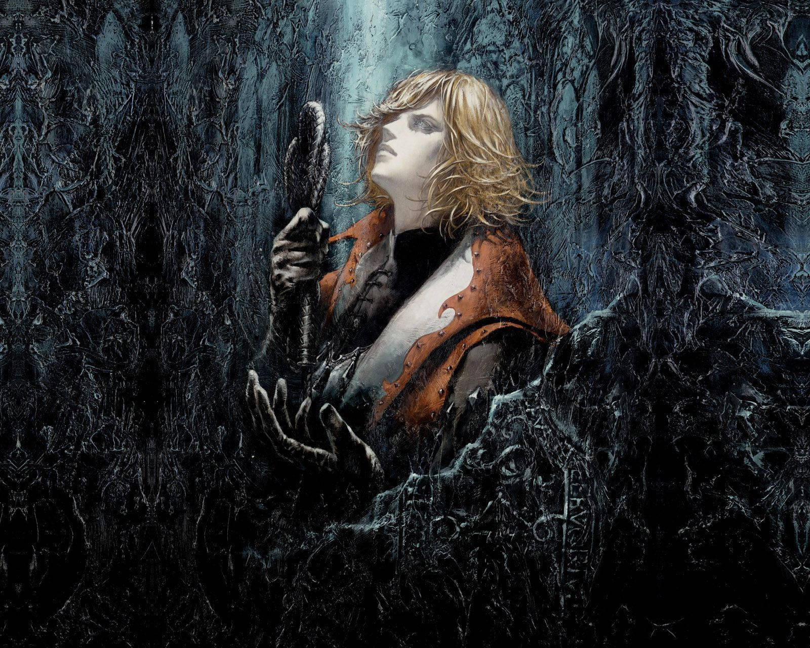 Castlevania 桌布 壁紙 — 一個蒼白的金髮女人穿著破爛的橙色斗篷，在黑暗、有紋理的冰森林中手持一根法杖，周圍有發光的藍光。