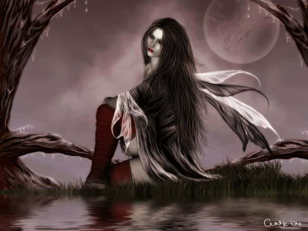 Evil Fairy 桌布 壁紙 — 一個蒼白的長黑髮女人坐在水邊，在滿月下，被扭曲的樹木環繞，構成一個令人難忘的黃昏場景。