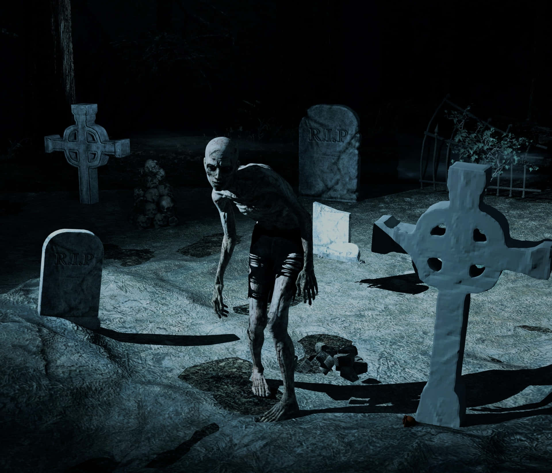 Cemetery 桌布 壁紙 — 一個蒼白的骷髏喪屍在月光下的墓地蹣跚而行，周圍是風化的墓碑和凱爾特十字架。
