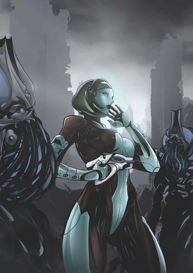 Mass Effect Edi 桌布 壁紙 — 一個蒼白皮膚的女性機器人穿著時尚盔甲，在煙霧瀰漫的廢墟城市中挑釁地站在兩個高聳的機器人形之間。