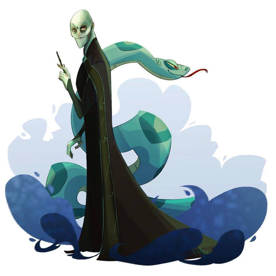 voldemort 桌布 壁紙 — 一個蒼白皮膚的巫師穿著黑色長袍，手持魔杖，一條青綠色的蛇纏繞在他身後，背景是藍天白雲。