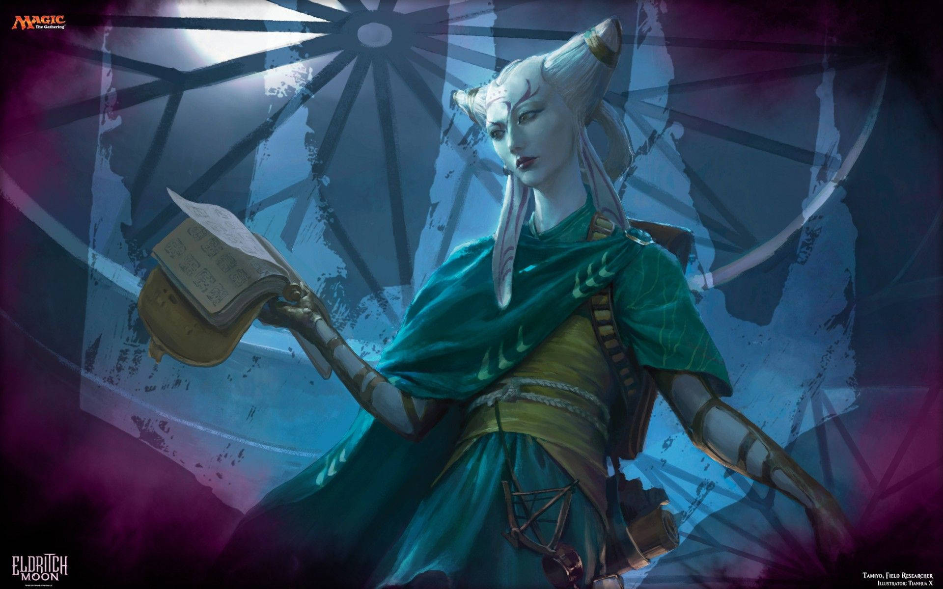 Mtg 桌布 壁紙 — 一個蒼白皮膚的精靈，尖耳朵，在發光的太陽光輝下，拿著一本打開的書，背景是碎裂的藍色和紫色。