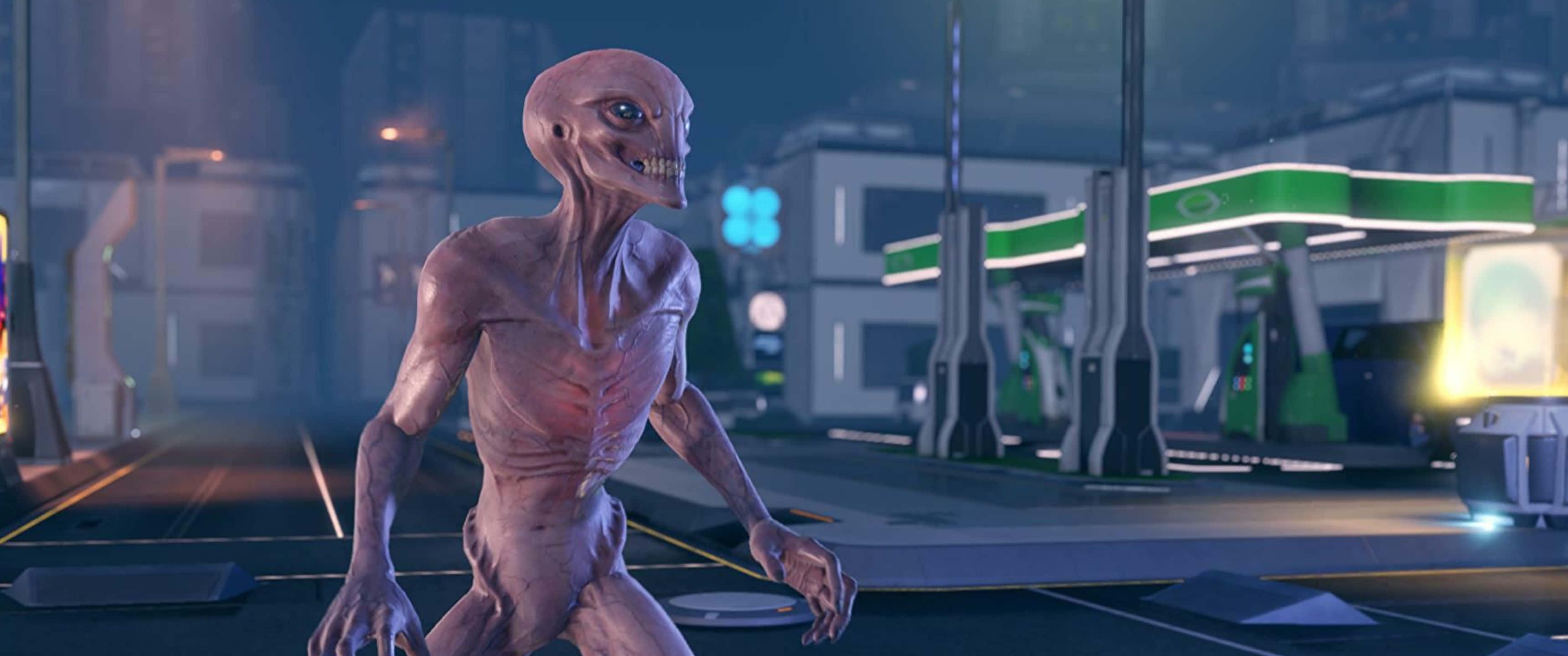 1440p Civilization Beyond Earth 桌布 壁紙 — 一個蒼白纖細、大眼睛、尖牙的外星人站在夜晚霓虹燈閃爍的未來城市街道上。