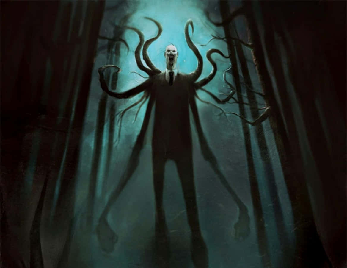 Creepypasta 桌布 壁紙 — 一個蒼白臉孔、長著多條扭動觸手的高瘦生物，在詭異的藍綠色光芒下從黑暗森林中出現。
