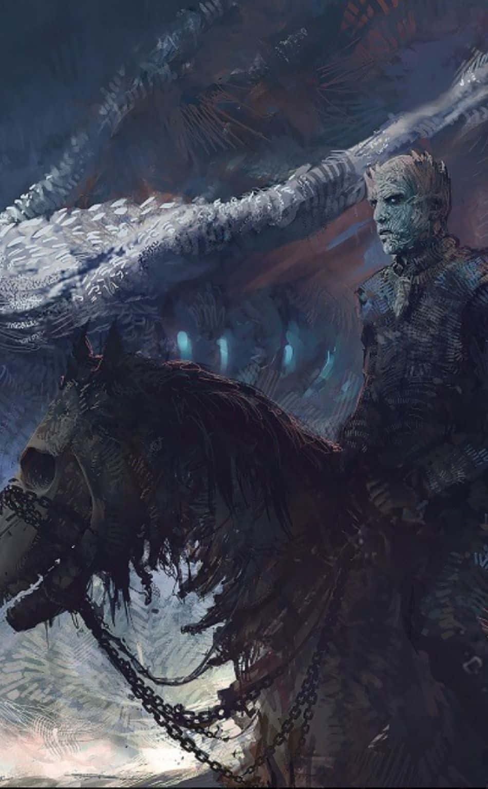 Game Of Thrones iPhone 桌布 壁紙 — 一個蒼白裝甲的身影騎著一匹被鎖鏈束縛的黑色馬匹，在風暴暮色天空下，一隻巨大的冰龍翅膀之下。