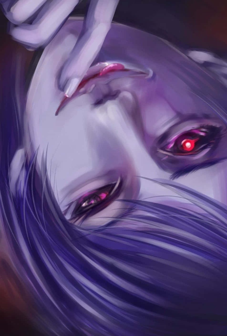 Shuu Tsukiyama 桌布 壁紙 — 一個蒼白角色的近距離動漫風格肖像，擁有發光紅眼和紫色頭髮，手靠近臉部。