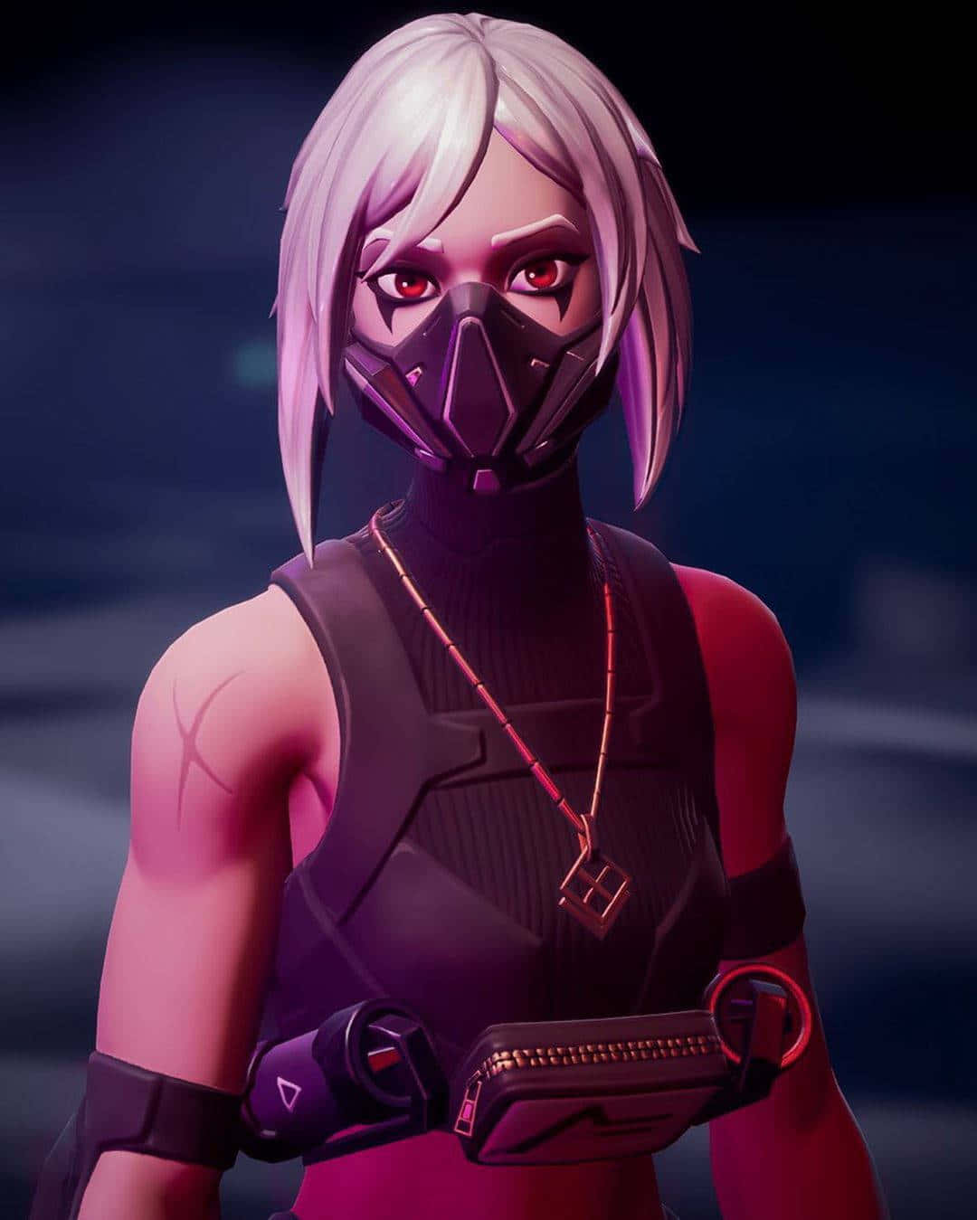 Fortnite 桌布 壁紙 — 一個蒼白頭髮和紅眼的賽博龐克動漫角色，在霓虹粉紅和紫色燈光下戴著黑色面具和戰術裝備。