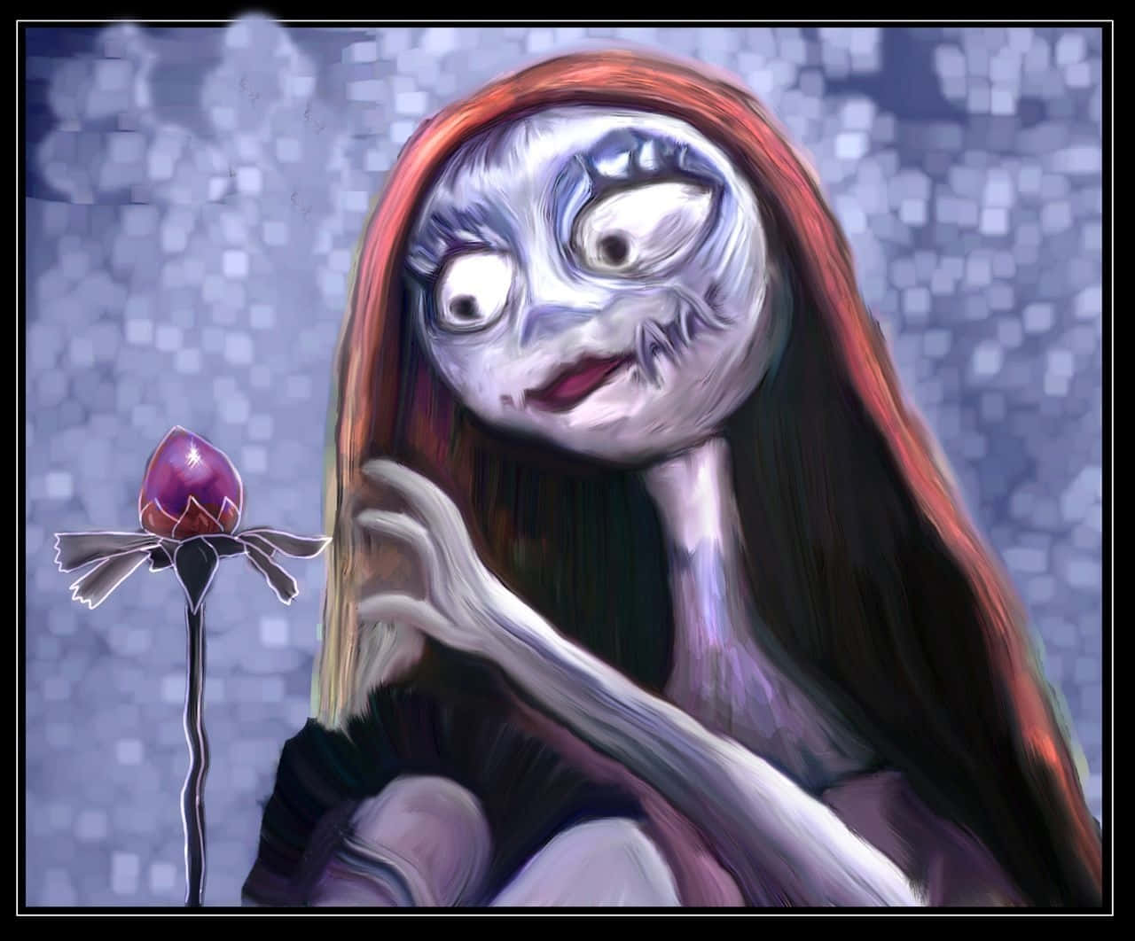 Sally Nightmare Before Christmas 桌布 壁紙 — 一個蒼白鬼魅的女人，紅髮，嘴唇縫合，手持紫色花朵，背景是像素化的藍色。
