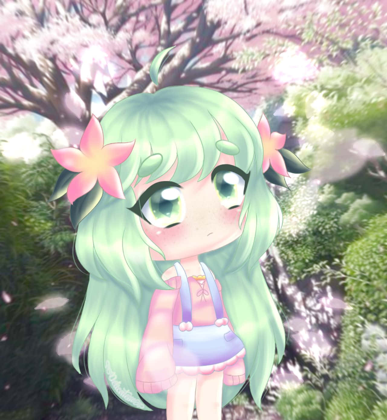 Gacha Life 桌布 壁紙 — 一個薄荷綠髮、帶粉紅花朵的Q版動漫女孩，站在盛開的櫻花樹下，沐浴在柔和粉彩光中。