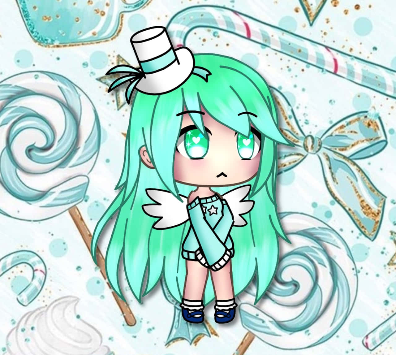 Gacha Life 桌布 壁紙 — 一個薄荷綠髮帶翅膀的Q版動漫女孩，站在超大的糖果漩渦和蝴蝶結之間，背景是粉彩甜點主題。