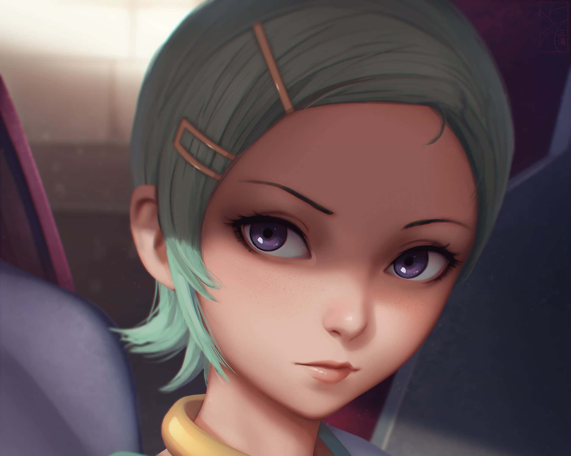 Eureka Seven 桌布 壁紙 — 一個薄荷綠髮紫眼動漫女孩的特寫，溫柔地凝視，可見黃色衣領。
