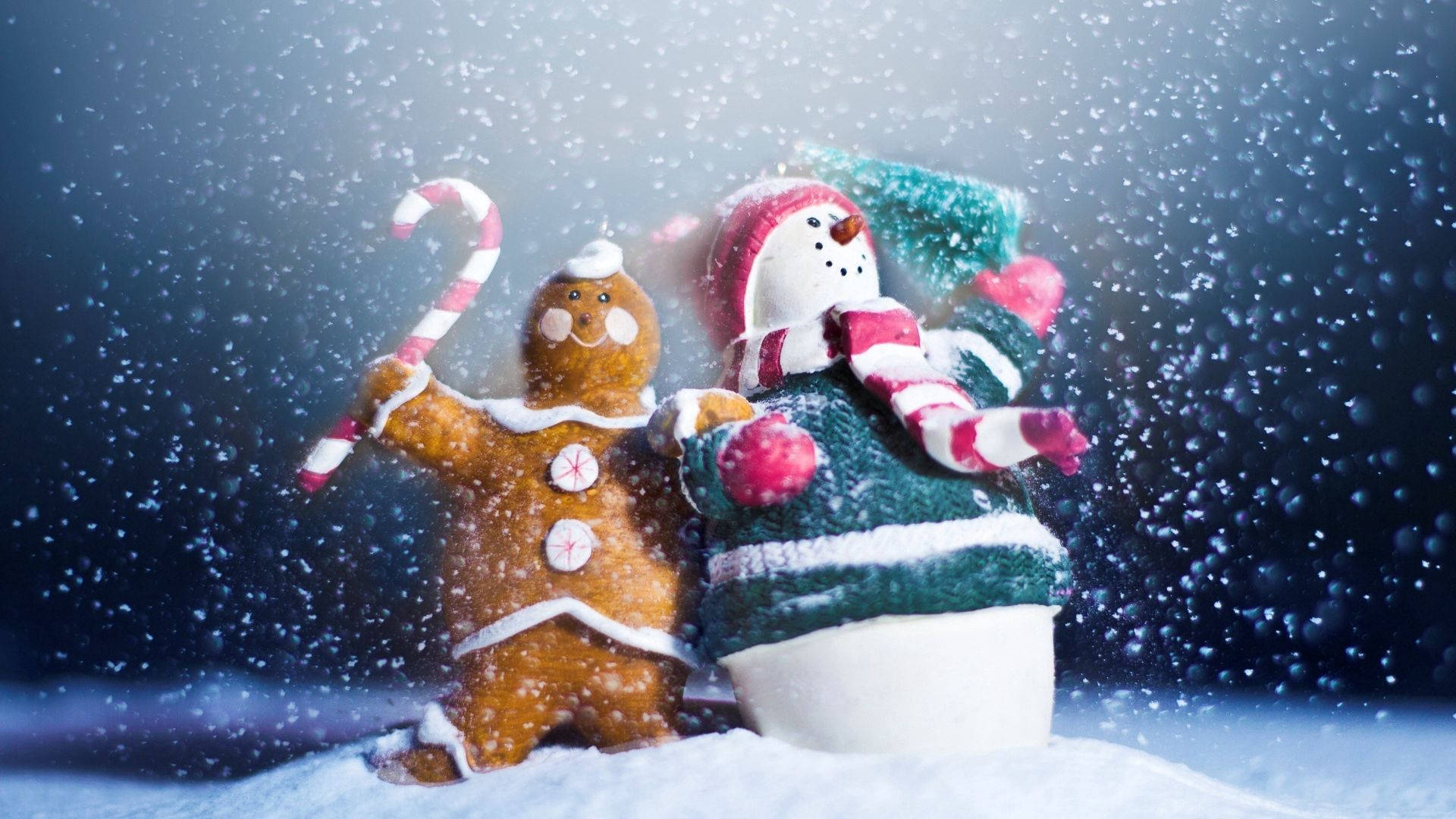 雪人 桌布 壁紙 — 一個薑餅人和一個雪人一起站在深藍色天空下飄落的雪中。