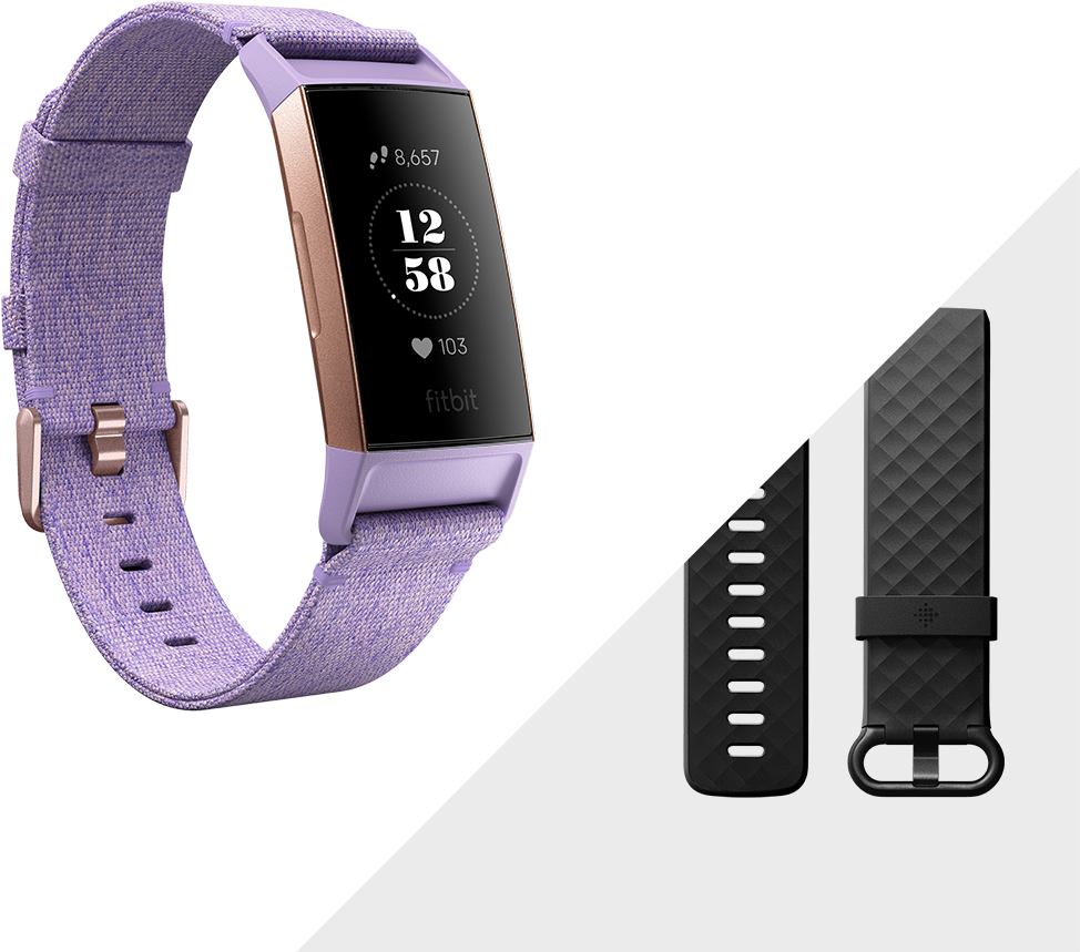 剪貼畫 桌布 壁紙 — 一個薰衣草色Fitbit健身追蹤器，配有織物錶帶，展示在黑白對角線背景上，旁邊有兩條黑色替換錶帶。