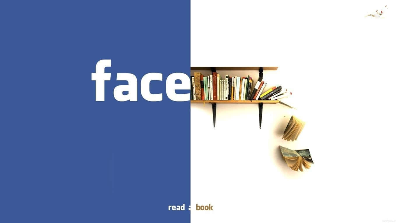 Facebook 桌布 壁紙 — 一個藍白分半的圖像，帶有「face」字樣和一個書架，書籍從書架向下傾瀉。