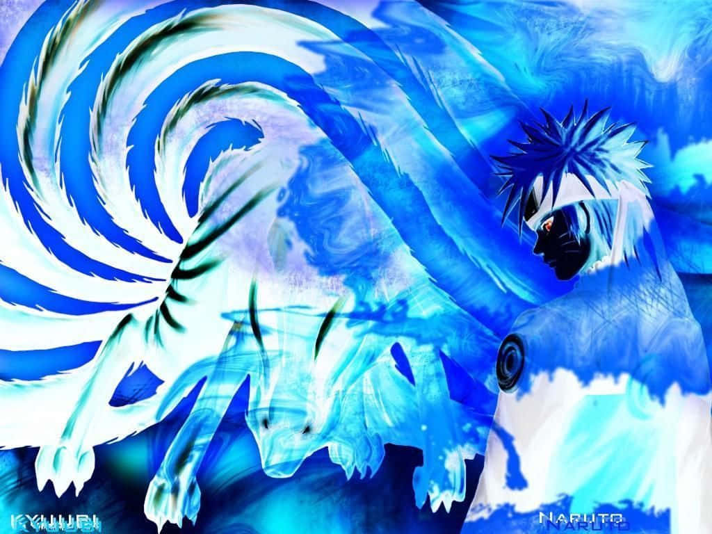 Cool Anime Blue 桌布 壁紙 — 一個藍白相間、頭髮尖刺的動漫角色，以動態姿勢站在一隻旋轉的九尾狐旁邊。
