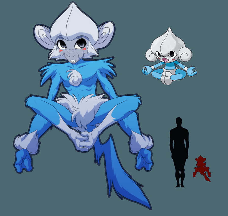 寶可夢 桌布 壁紙 — 一個藍白相間擬人化猴子角色，擁有蓬鬆尾巴，盤腿坐在一個較小版本和人類剪影旁邊以作比例參考。