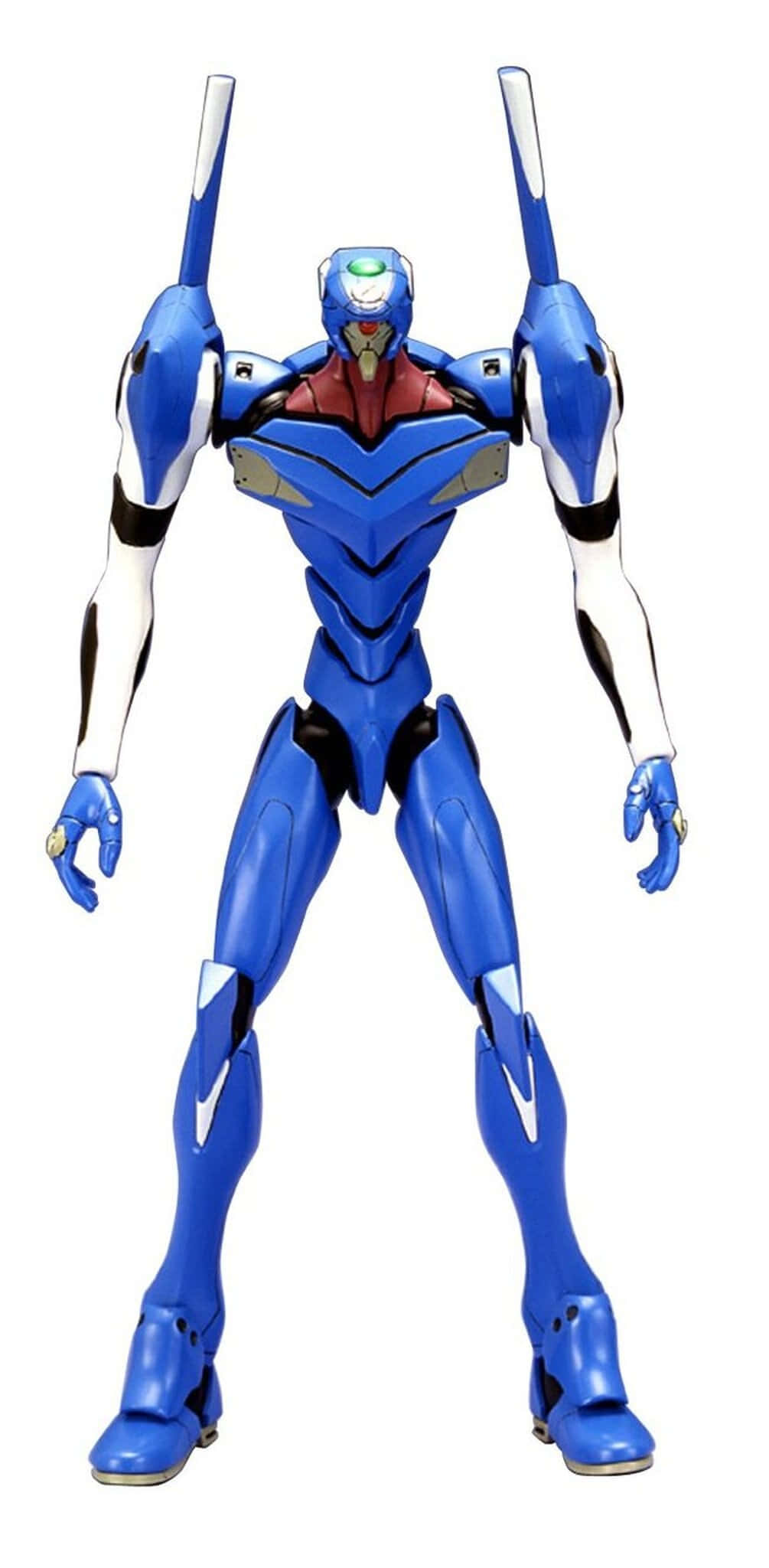 Eva-00 桌布 壁紙 — 一個藍白相間的人形機器人高舉雙臂，矗立在純白色背景前。