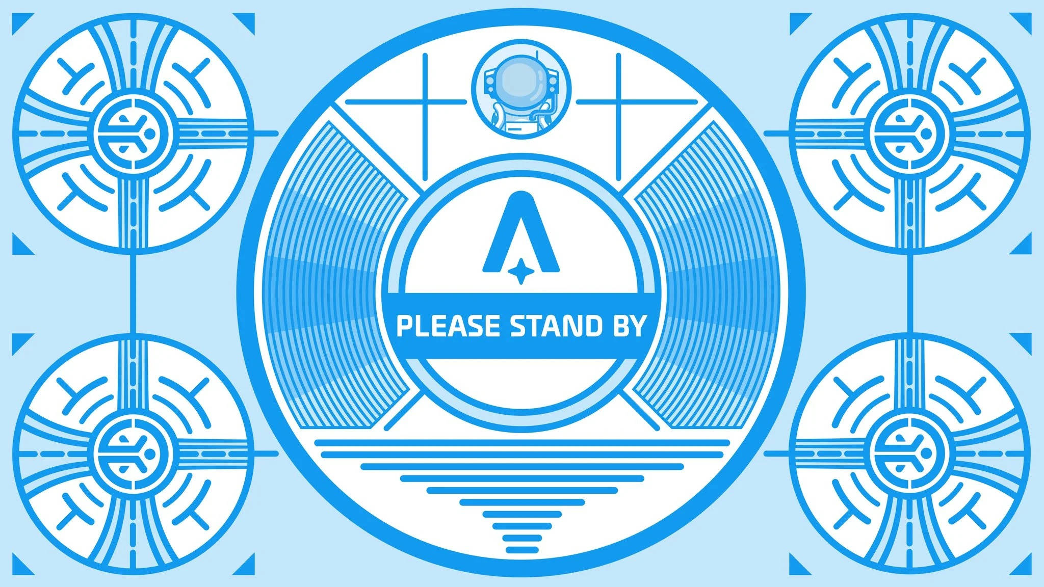 please 桌布 壁紙 — 一個藍白相間的復古未來風格介面顯示「PLEASE STAND BY」，中央有一個三角形和四個圓形面板。
