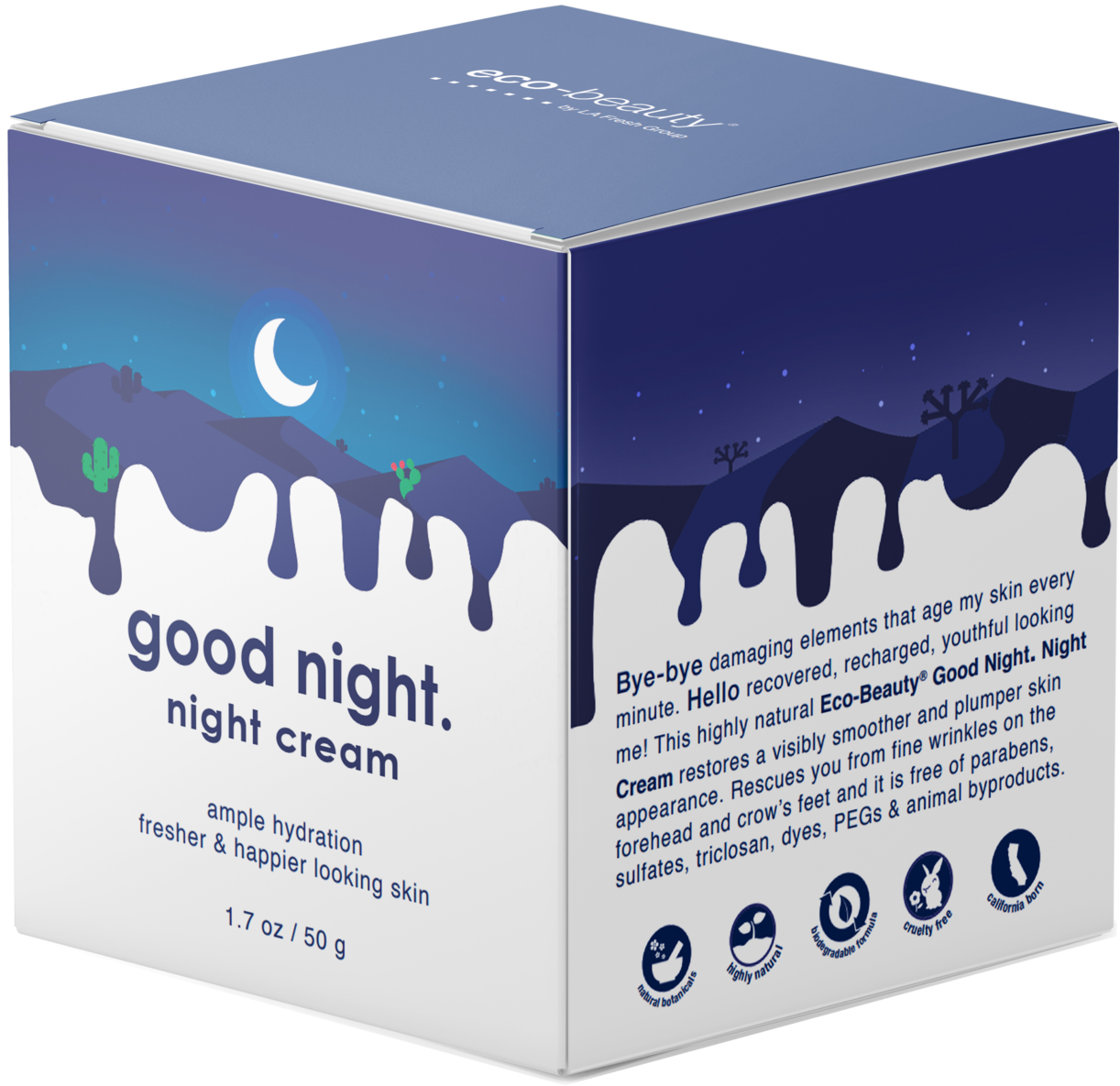 晚安 桌布 壁紙 — 一個藍白相間的晚霜盒，上面有沙漠夜景，新月、仙人掌和滴落的乳霜設計。