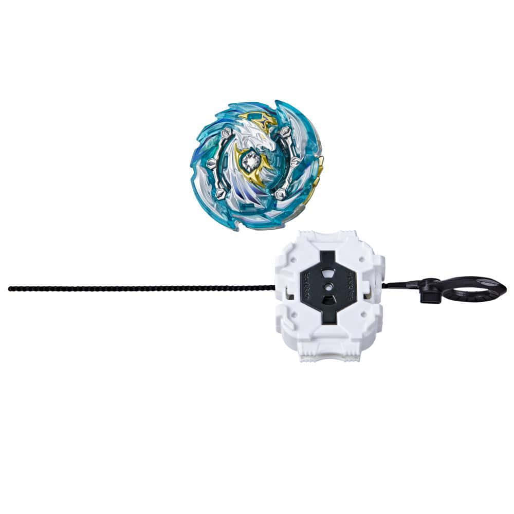 Beyblade Burst 桌布 壁紙 — 一個藍白色帶金色點綴的Beyblade和發射器，背景為純白色。