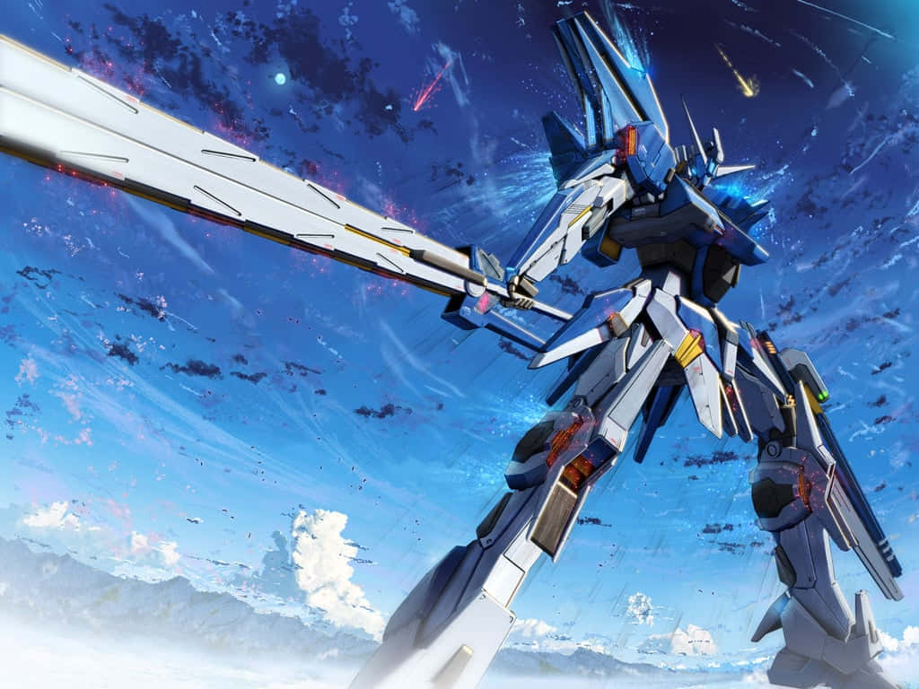 機動戰士鋼彈 桌布 壁紙 — 一個藍白色的機甲戰士在充滿星星和流星劃過的宇宙天空中揮舞著發光的劍。