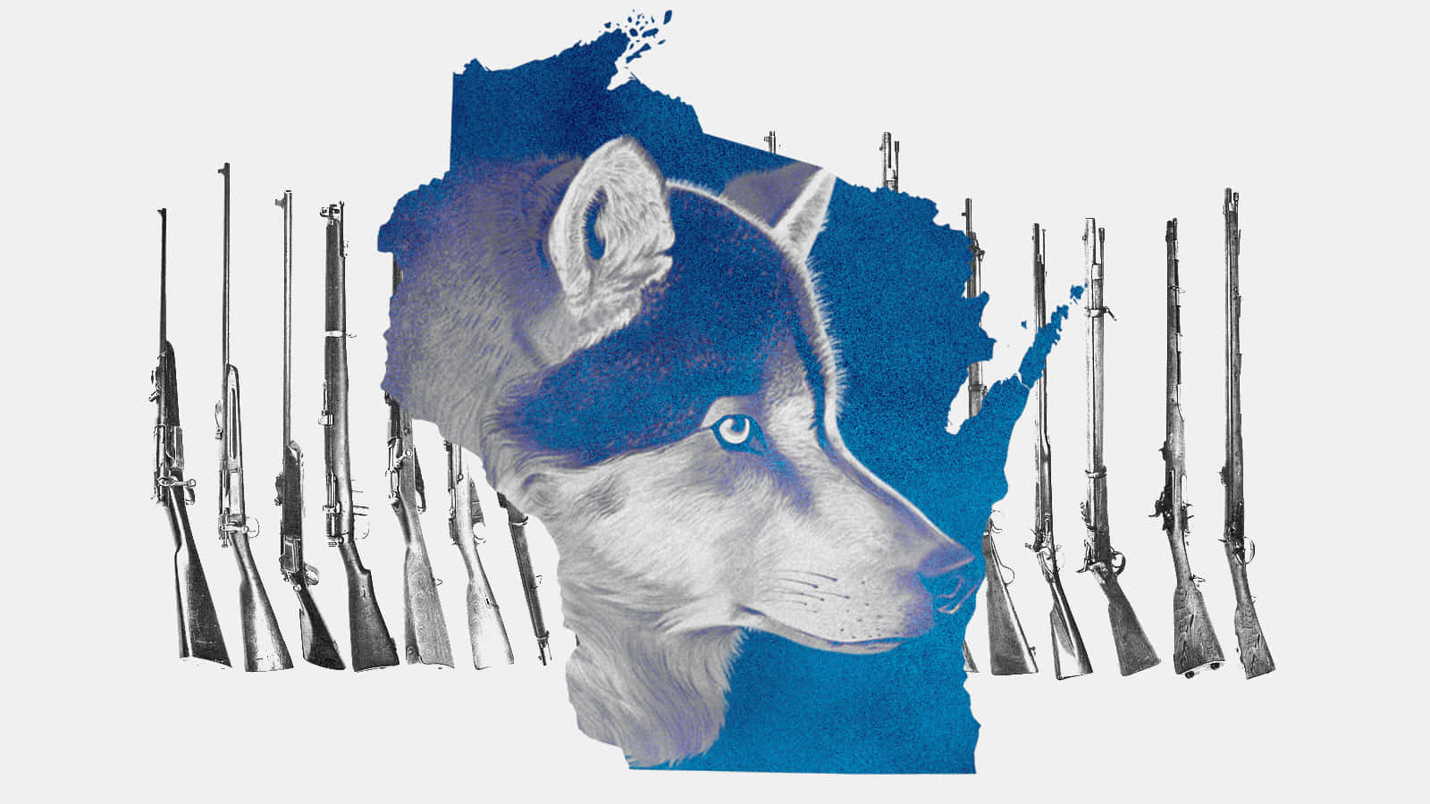 Hunting Wolves 桌布 壁紙 — 一個藍白色的風格化哈士奇頭部從威斯康辛州的輪廓中浮現，兩側是復古步槍，背景為淺灰色。