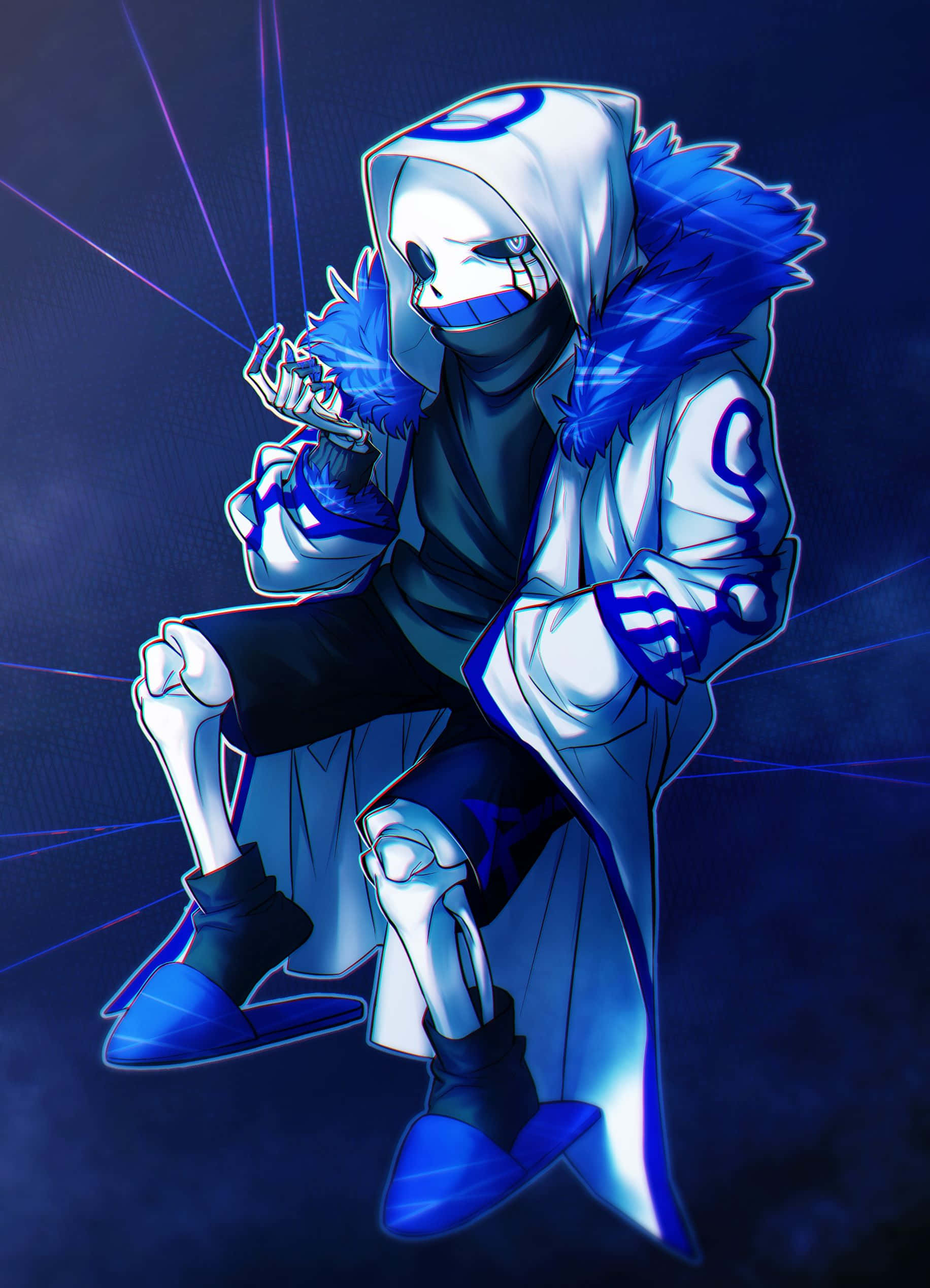 Sans 桌布 壁紙 — 一個藍白色連帽動漫角色，擁有骷髏般的手和發光的眼睛，動感地坐在帶有霓虹射線的黑暗背景前。
