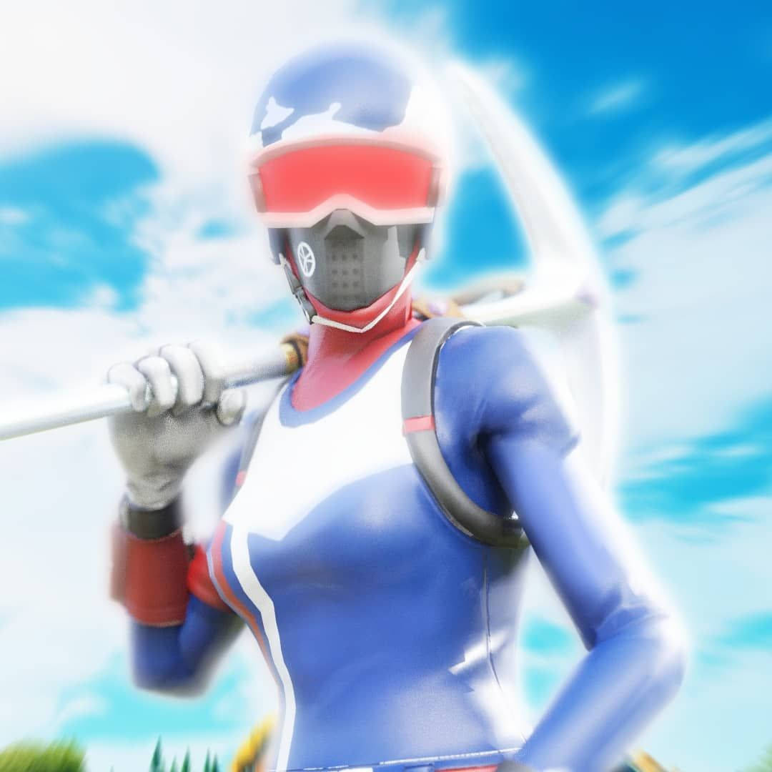 Fortnite 造型 桌布 壁紙 — 一個藍白裝甲人物，戴著紅色護目鏡，在明亮天空背景下手持發光法杖。