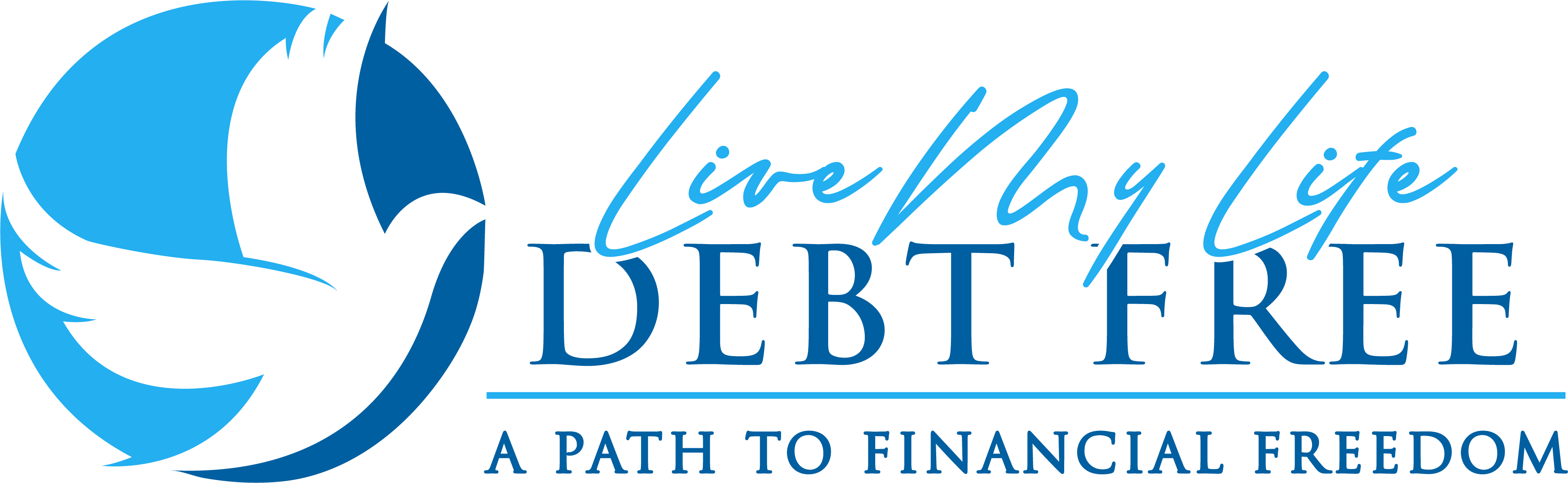 陣亡將士紀念日 桌布 壁紙 — 一個藍白鴿子標誌，帶有草書文字「Live My Life DEBT FREE」和標語「A PATH TO FINANCIAL FREEDOM」。