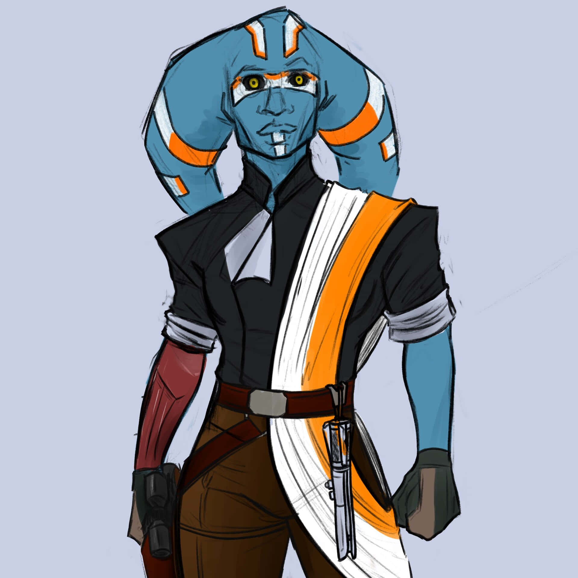 Twi'lek 桌布 壁紙 — 一個藍皮膚、帶有橙色斑紋的外星人，以自信姿態站立，身穿黑橙色服裝，腰間掛著光劍。