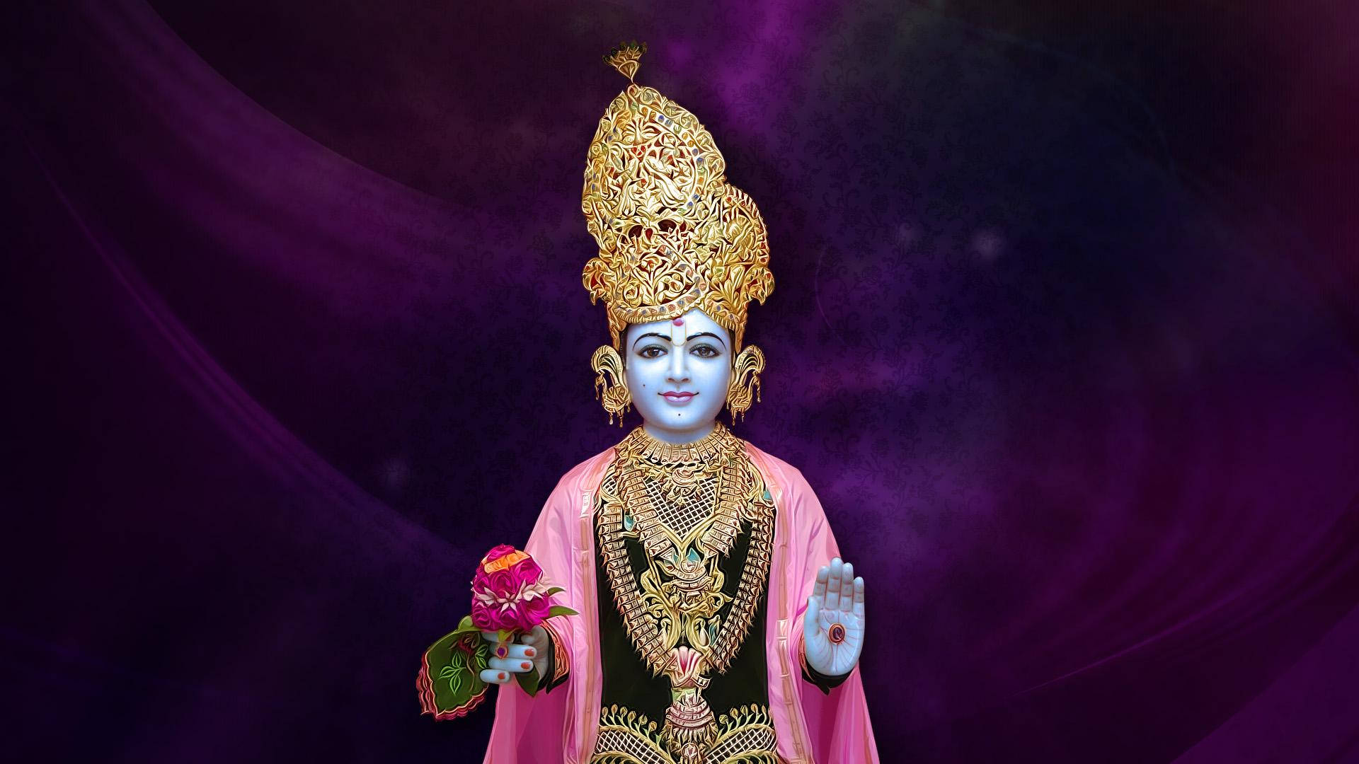 Swaminarayan 桌布 壁紙 — 一個藍皮膚、戴金冠的神聖人物，在旋轉的紫色宇宙背景下手持一朵粉紅蓮花。