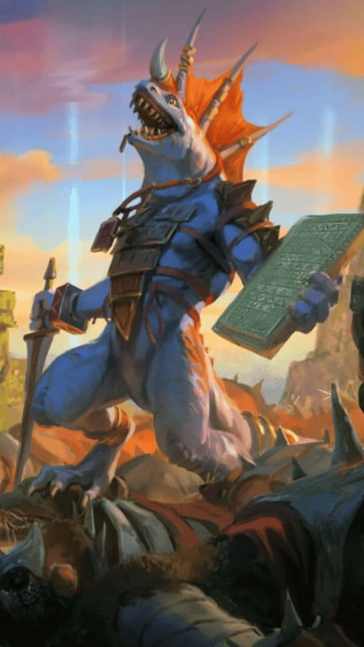 Android Total War Warhammer Ii 桌布 壁紙 — 一個藍皮膚、有角、帶橙色尖刺的戰士，在夕陽下的戰場上揮舞劍和盾牌。