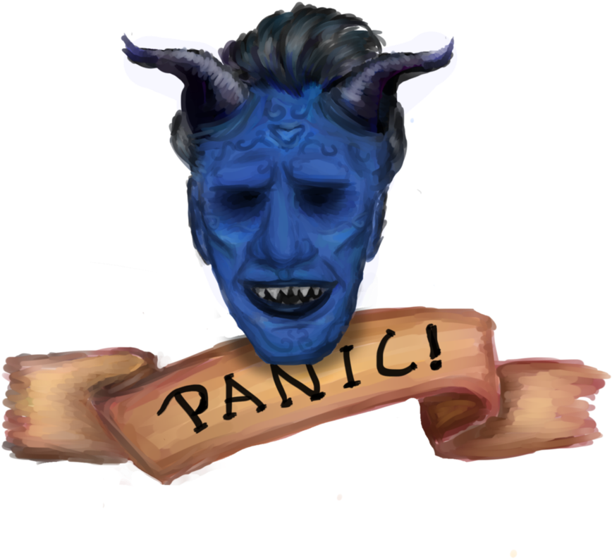 恐慌 桌布 壁紙 — 一個藍皮膚、有角且尖牙的魔鬼拿著一個寫著panic!的木製橫幅。
