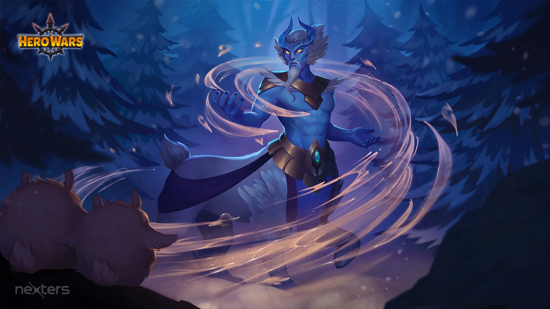 Alvanor hero wars 壁紙 — 一個藍皮膚、有角和翅膀的奇幻戰士，在夜晚的雪森林中引導發光的風能量。