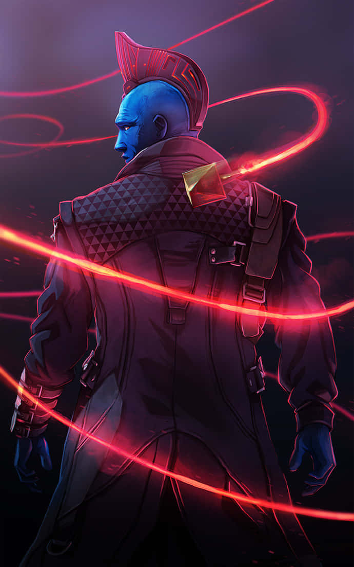 Yondu 桌布 壁紙 — 一個藍皮膚、梳著莫西干頭的超級英雄站在陰影中，發光的紅色能量軌跡在他周圍旋轉。