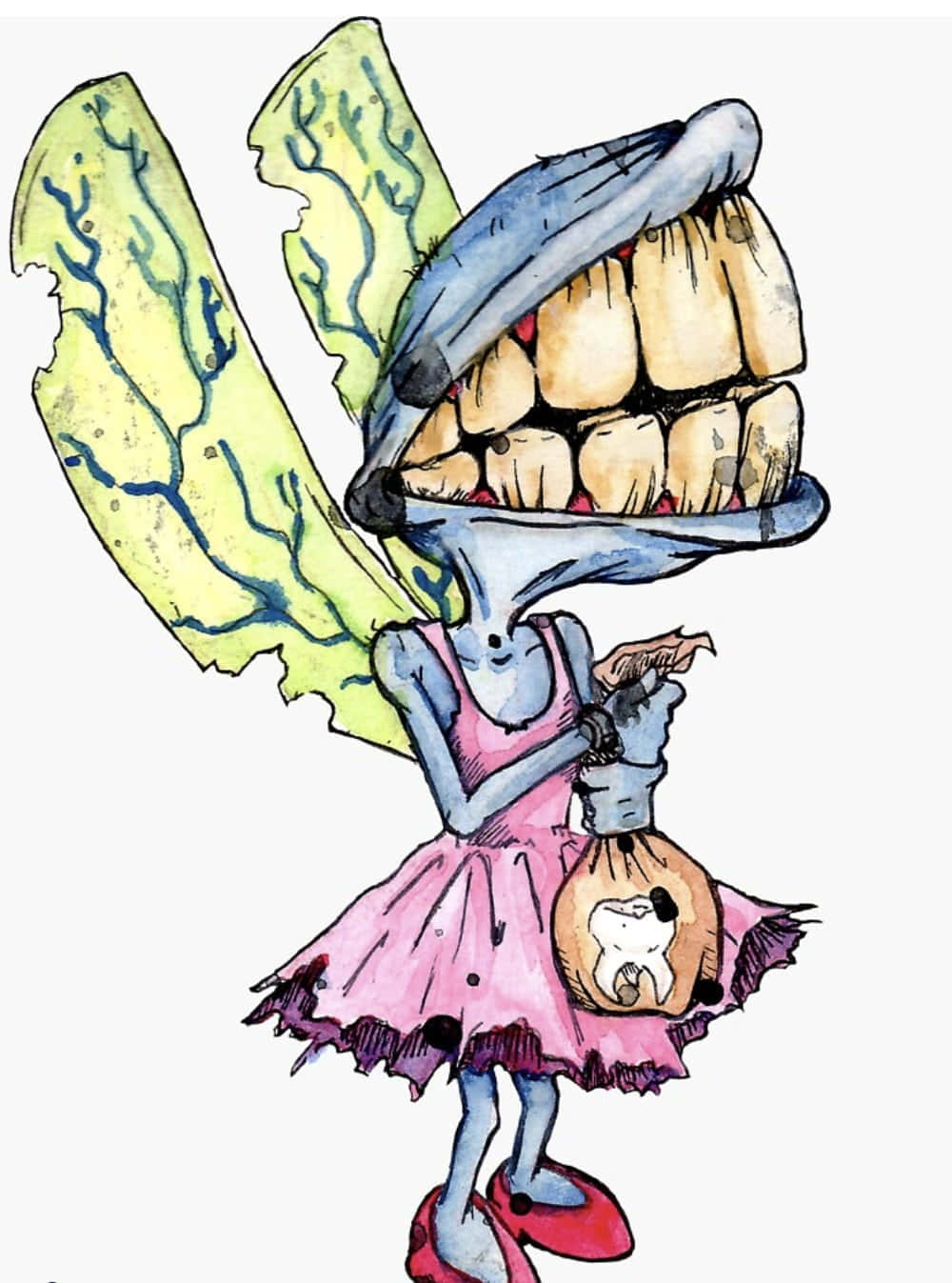 Tooth Fairy 桌布 壁紙 — 一個藍皮膚、牙齒超大、黃色翅膀的奇幻仙子，穿著粉紅色裙子，拿著一個裝滿牙齒的袋子。