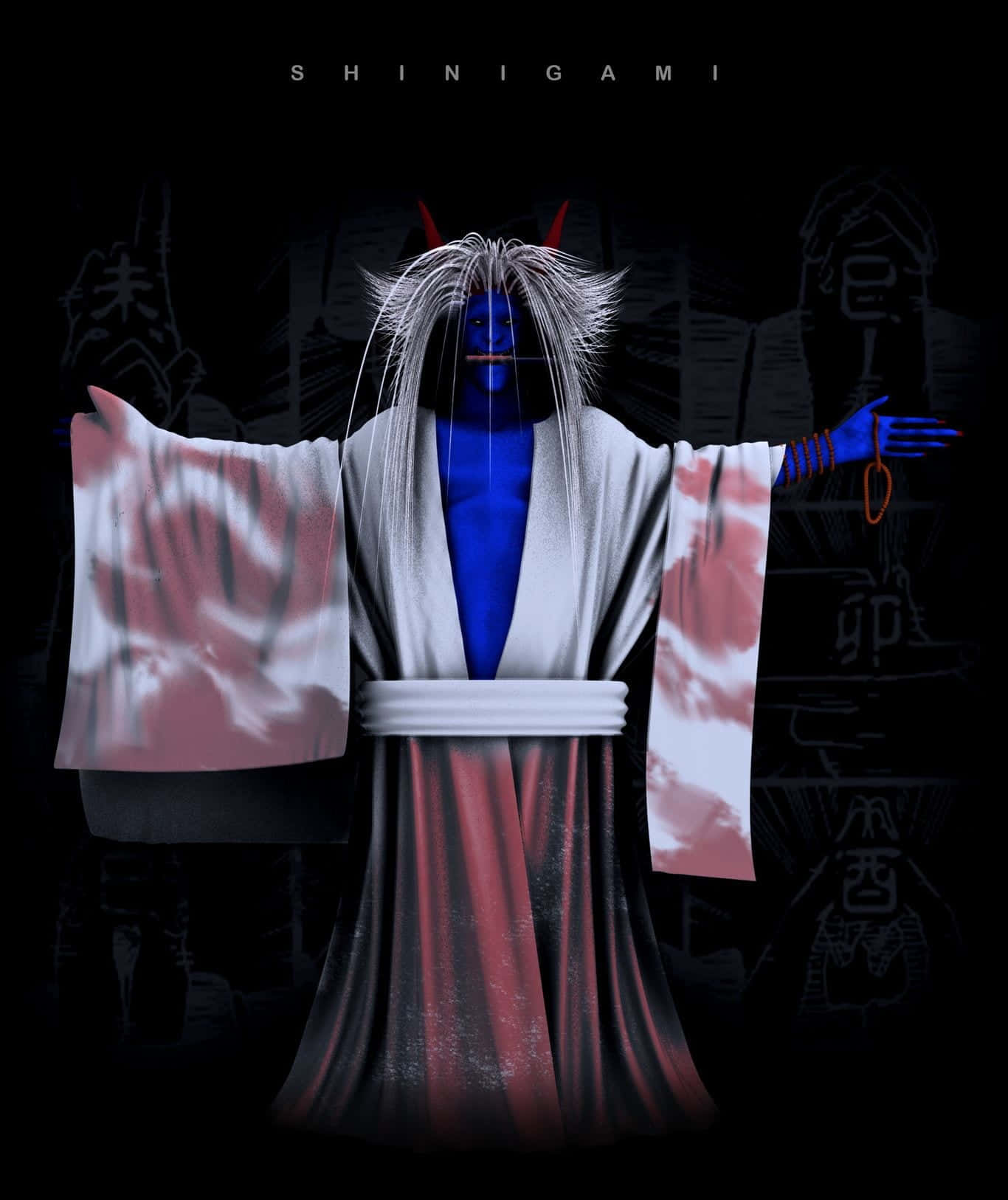 Reaper Death Seal 桌布 壁紙 — 一個藍皮膚、白頭髮、紅角的死神，身穿紅白長袍，在黑暗背景中張開雙臂站立。