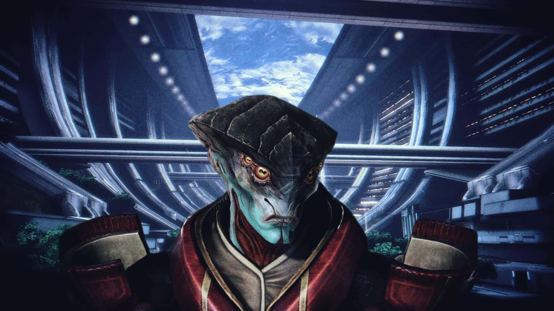 Mass Effect Javik 桌布 壁紙 — 一個藍皮膚、眼睛發光的外星人在藍色燈光下的未來太空船走廊中向前凝視。