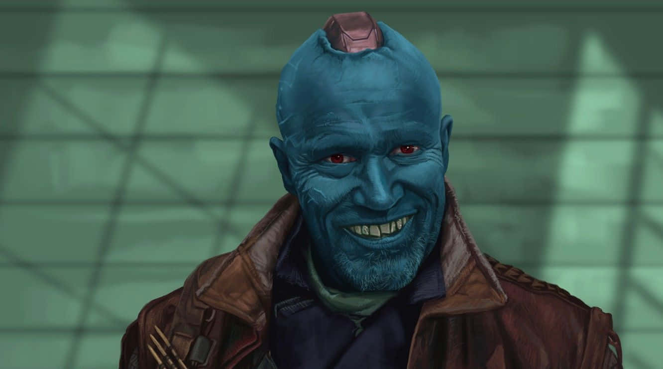 Yondu 桌布 壁紙 — 一個藍皮膚、紅眼睛、穿著棕色皮夾克的外星人，對著綠色瓷磚牆咧嘴大笑。