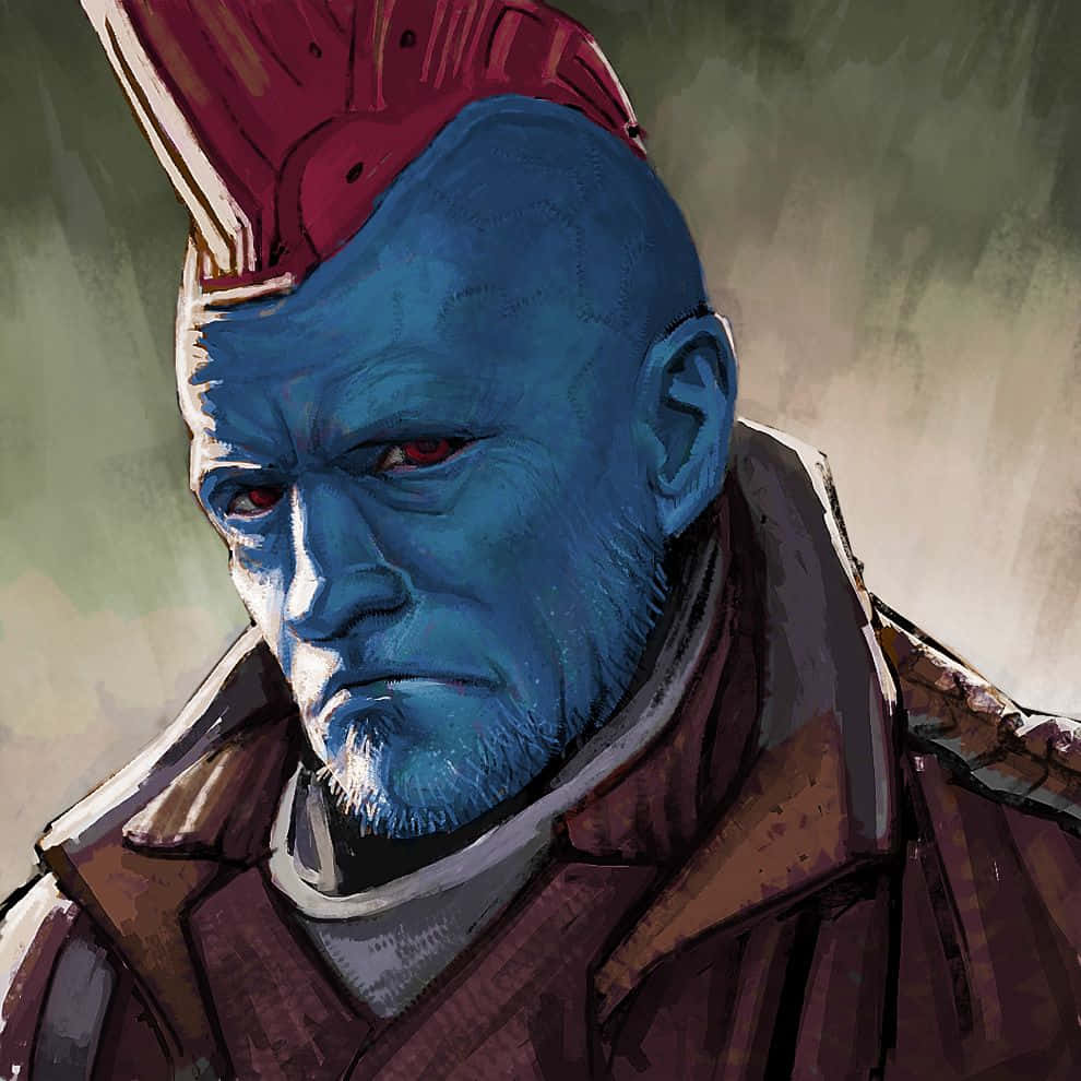 Yondu 桌布 壁紙 — 一個藍皮膚、紅眼睛、紅色莫西干頭的兇猛外星人，在粗糙的數位藝術肖像中凝視著。