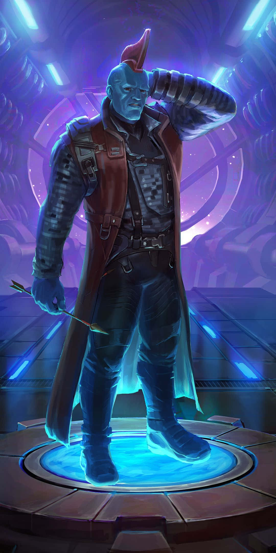 Yondu 桌布 壁紙 — 一個藍皮膚、紅色莫西干頭的外星人自信地站在發光的未來風格房間中，手持弓。
